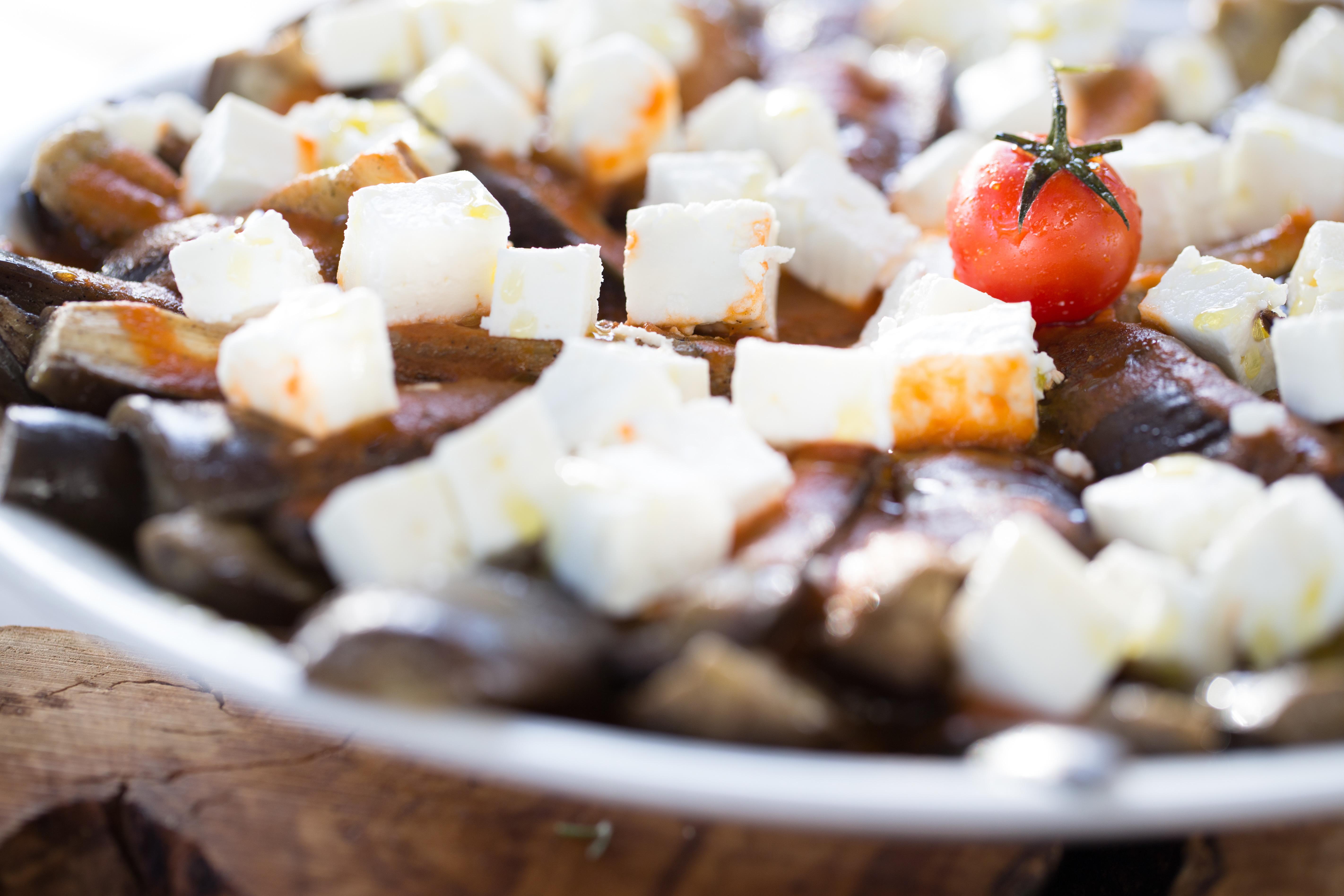 Almyra Hotel Pafos Exterior foto Aubergine, feta cheese and tomato salad
